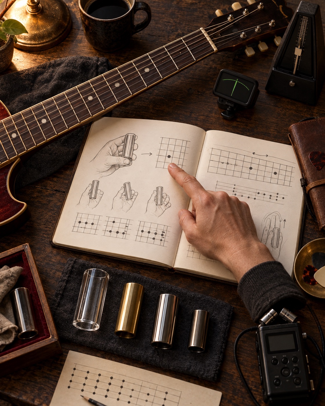 Mesa de estudo com slides, diagramas, afinador e braço de guitarra representando o método do curso